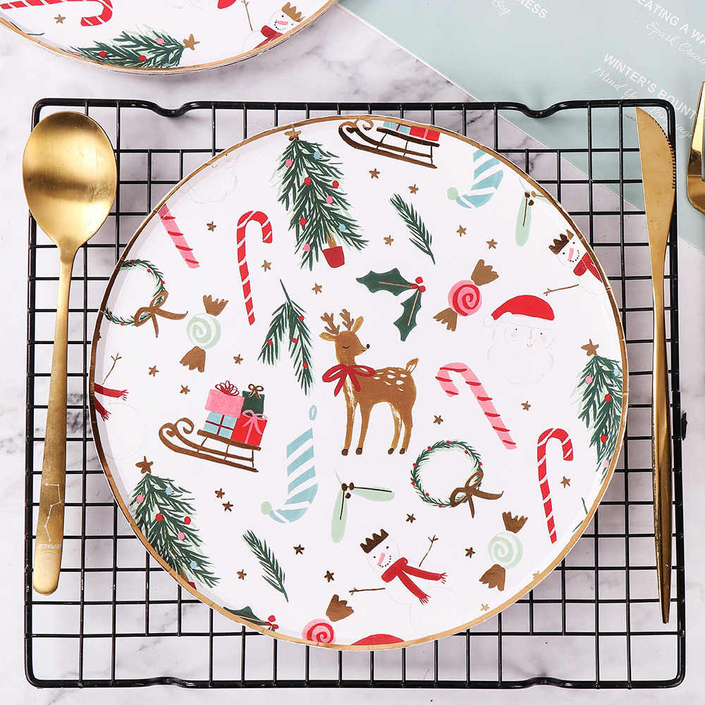 Christmas Paper Plates and Napkins Decorations Disposable Merry Christmas Theme Party Decor Flat Dessert Plate Cake Pan