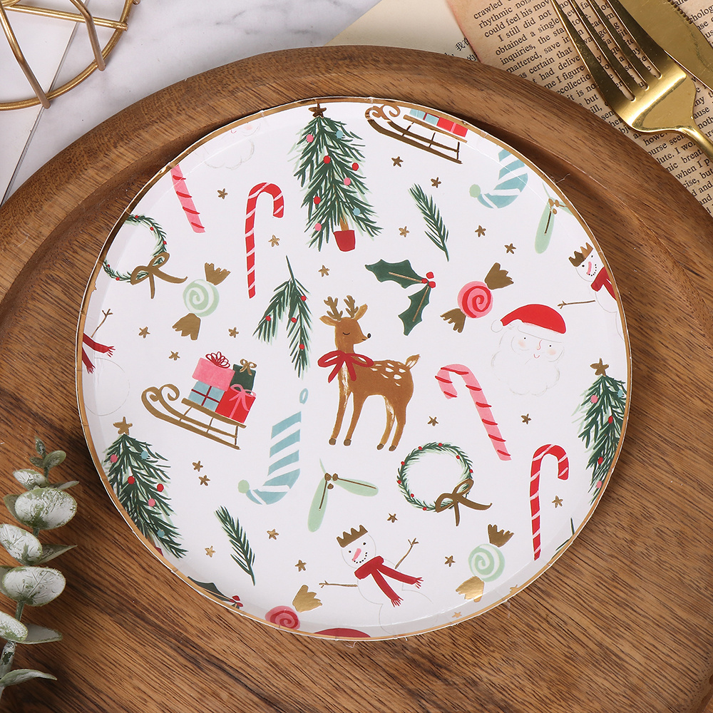 Christmas Paper Plates and Napkins Decorations Disposable Merry Christmas Theme Party Decor Flat Dessert Plate Cake Pan