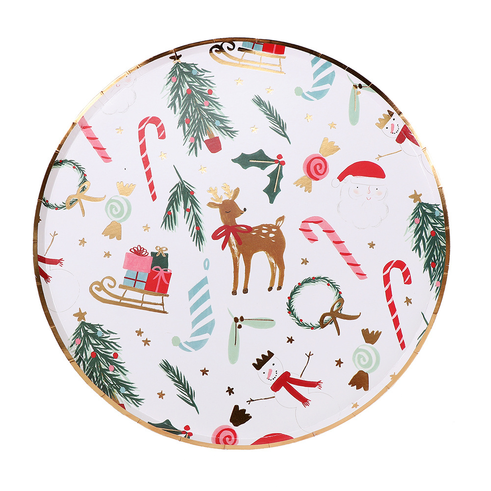 Christmas Paper Plates and Napkins Decorations Disposable Merry Christmas Theme Party Decor Flat Dessert Plate Cake Pan