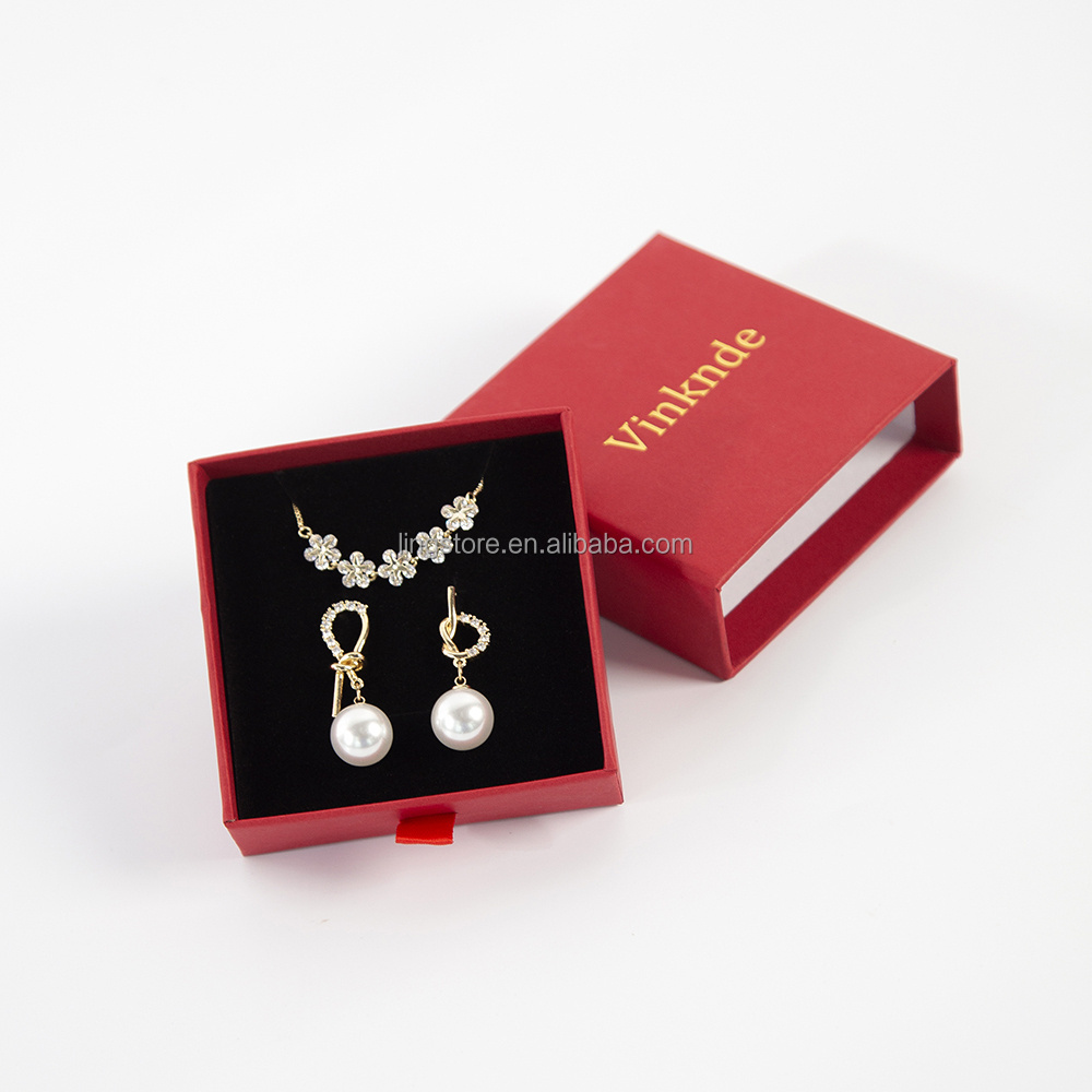 Mini Small Red Festival Luxury Custom Necklace Ring Rigid Gift Jewelry Packaging Paper Box with Gold Logo