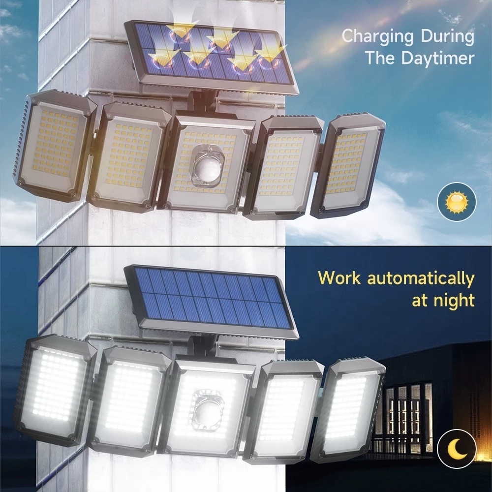 Solar Light 300 LED IP65 Waterproof Motion Sensor Outdoor 5 Heads Remote Control Solar Security Wall Light