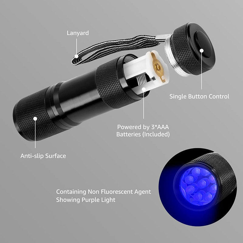 Clover UV 9 LED Mini Blacklight Flashlight Torch Light 395nM UV flashlight for Scorpion Money Detector Hunter Finder