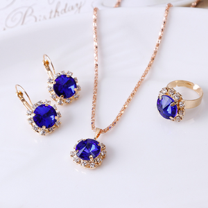 Luxury Fashion Women Ladies Wedding Bridal Jewelry Set Gold Plated 3 Pieces Round Crystal Necklace Earrings Ring Sets