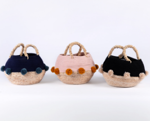 Pompom Customized Foldable Large Seagrass Cotton Rope Lace Tassel Storage Baskets With Handles