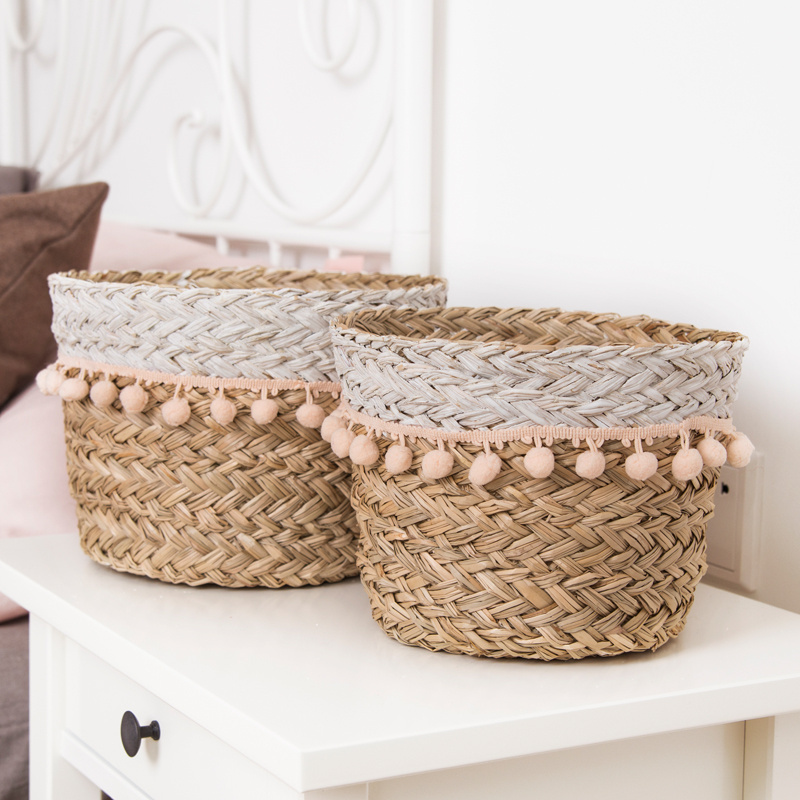 Fast Delivery Wholesale Round Handmade Planter Seagrass Straw Storage Easter Sweet White Fringed Sea Grass Basket