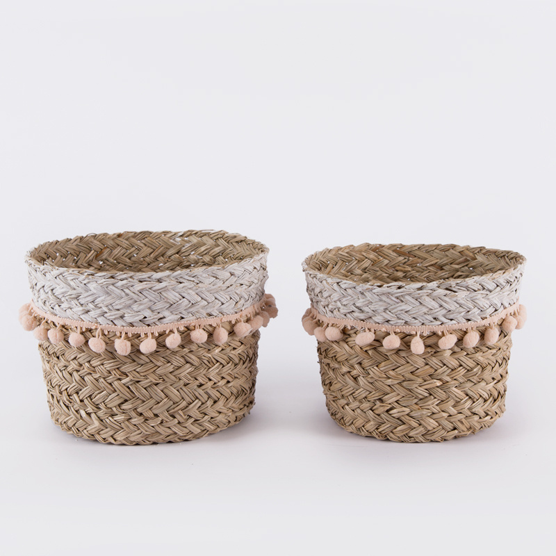 Fast Delivery Wholesale Round Handmade Planter Seagrass Straw Storage Easter Sweet White Fringed Sea Grass Basket