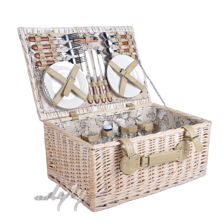 2024 Wholesale Hand Woven Cheap Wicker Gift Food Fruit Picnic Basket Hamper 2 Person