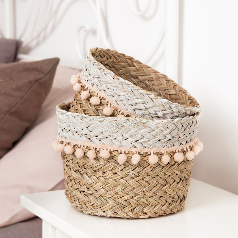 Fast Delivery Wholesale Round Handmade Planter Seagrass Straw Storage Easter Sweet White Fringed Sea Grass Basket