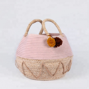 Pompom Customized Foldable Large Seagrass Cotton Rope Lace Tassel Storage Baskets With Handles