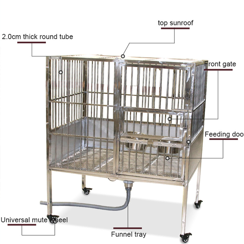 Stainless Steel Dog Kennel Pet Dog Cage with Funnel Tray And Wheels