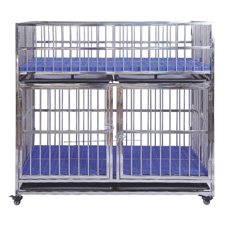 Dog crate 2 door folding stainless steel pet cage with plastic tray