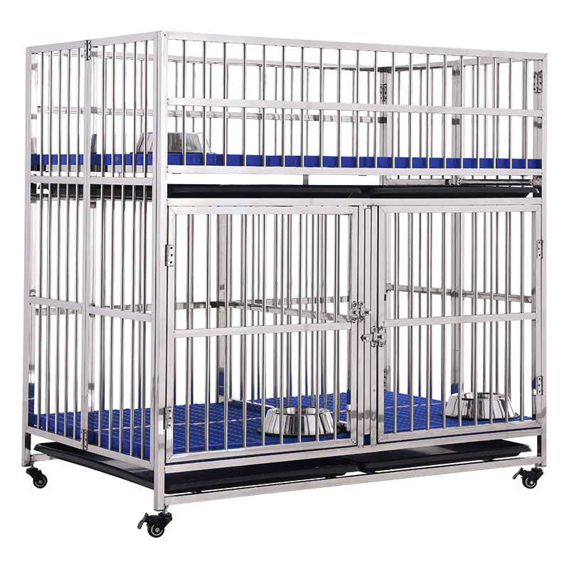 Dog crate 2 door folding stainless steel pet cage with plastic tray