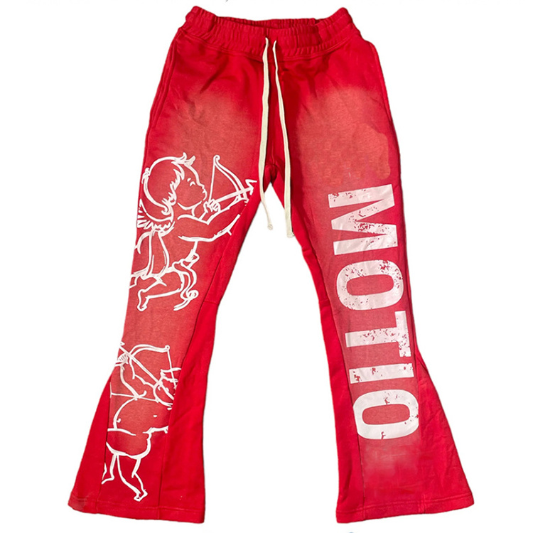 OEM Custom-made Acid Wash Cotton Flare Pants Streetwear Jogger Silk Screen Printed French Terry Cotton Men's Sweatpants