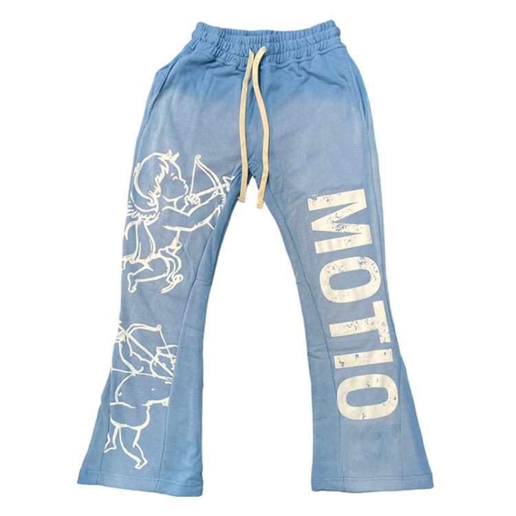 OEM Custom-made Acid Wash Cotton Flare Pants Streetwear Jogger Silk Screen Printed French Terry Cotton Men's Sweatpants