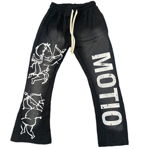 OEM Custom-made Acid Wash Cotton Flare Pants Streetwear Jogger Silk Screen Printed French Terry Cotton Men's Sweatpants