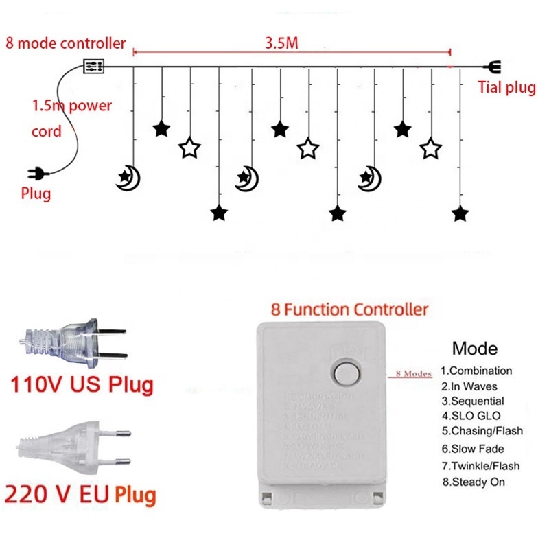 138LED Ramadan Christmas Moon Star LED Curtain Window Light String Waterproof for Outdoor Indoor Home Bedroom Decoration