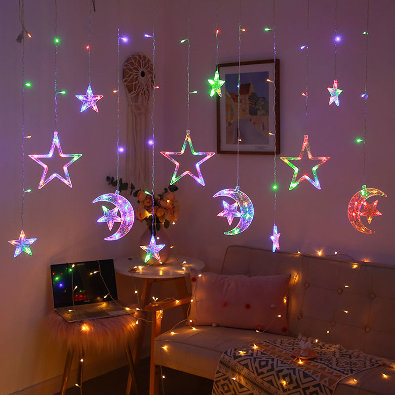 138LED Ramadan Christmas Moon Star LED Curtain Window Light String Waterproof for Outdoor Indoor Home Bedroom Decoration