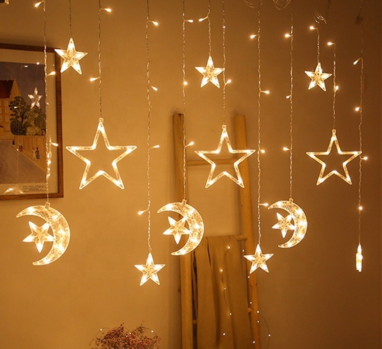 138LED Ramadan Christmas Moon Star LED Curtain Window Light String Waterproof for Outdoor Indoor Home Bedroom Decoration