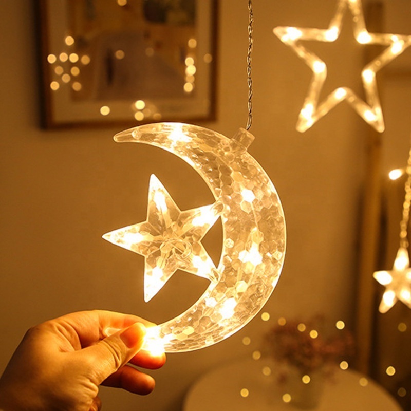 138LED Ramadan Christmas Moon Star LED Curtain Window Light String Waterproof for Outdoor Indoor Home Bedroom Decoration