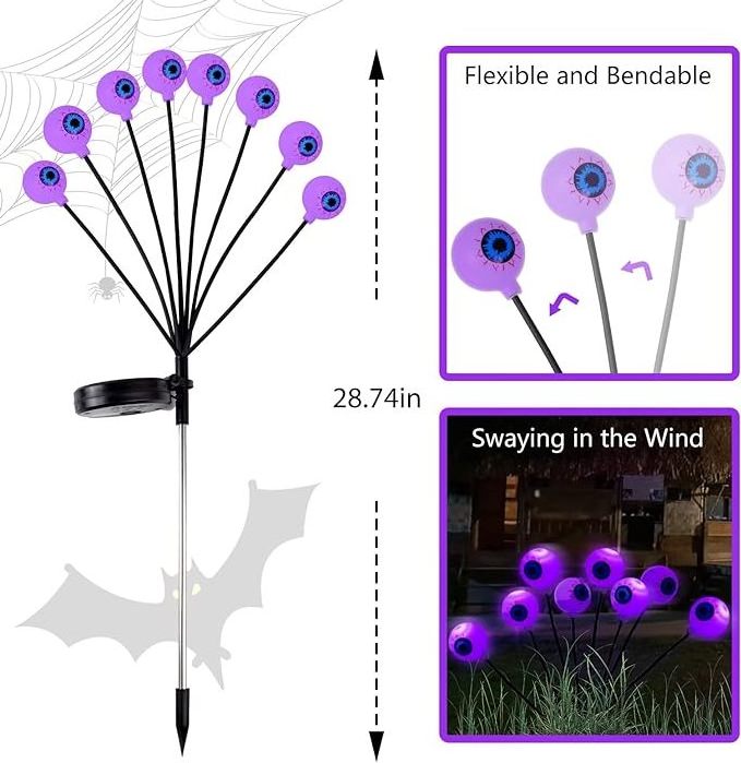 Solar Swaying Halloween Eyeball Pathway Lights  2 Modes Waterproof Outdoor Halloween Stake Lights for Garden Yard Porch Patio