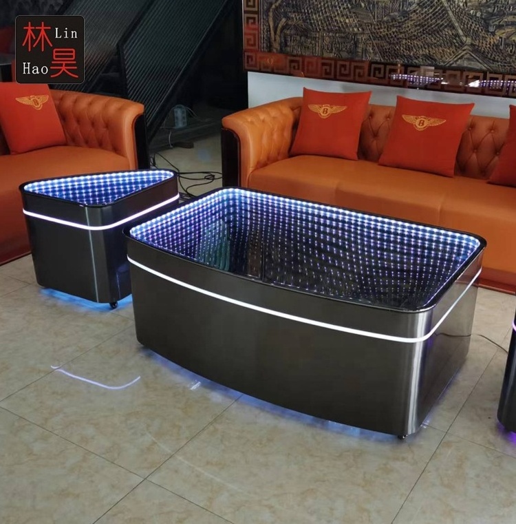 Modern Black Stainless Steel KTV Bar Lounge Night Club Table Glowing Infinity Mirror Top Table