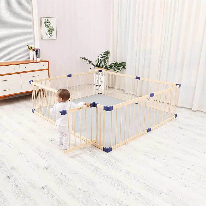 Manufacturer Wholesale  Kids Wooden Playpen Baby Safety Play Center Fence Wood Square Playpen For Baby With Gate