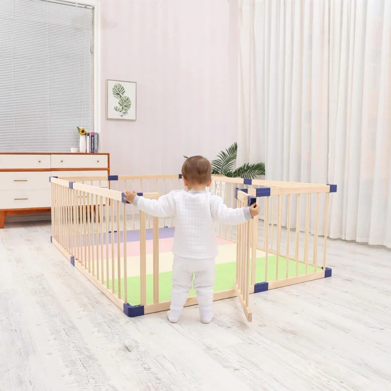 Manufacturer Wholesale  Kids Wooden Playpen Baby Safety Play Center Fence Wood Square Playpen For Baby With Gate