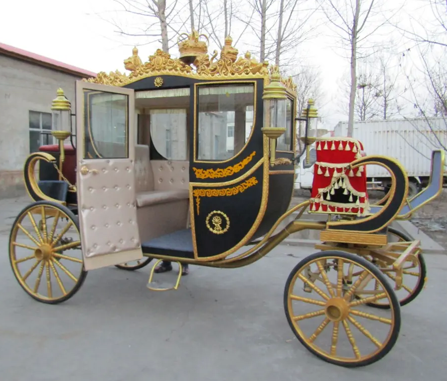 Black luxury royal horse carriage marathon retro wedding horse cart 4-wheel European electric royal carriage for rental