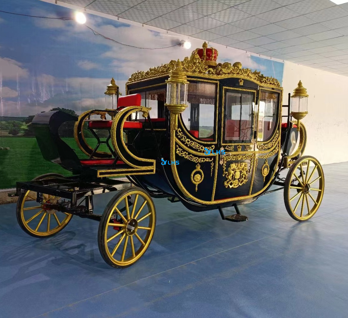 Black luxury royal horse carriage marathon retro wedding horse cart 4-wheel European electric royal carriage for rental