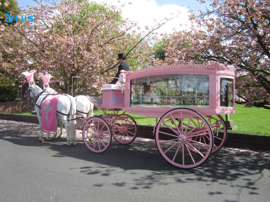 Four-wheel customized pink funeral horse carriage buggy classic coffin hearse carriage European style hearse for funeral