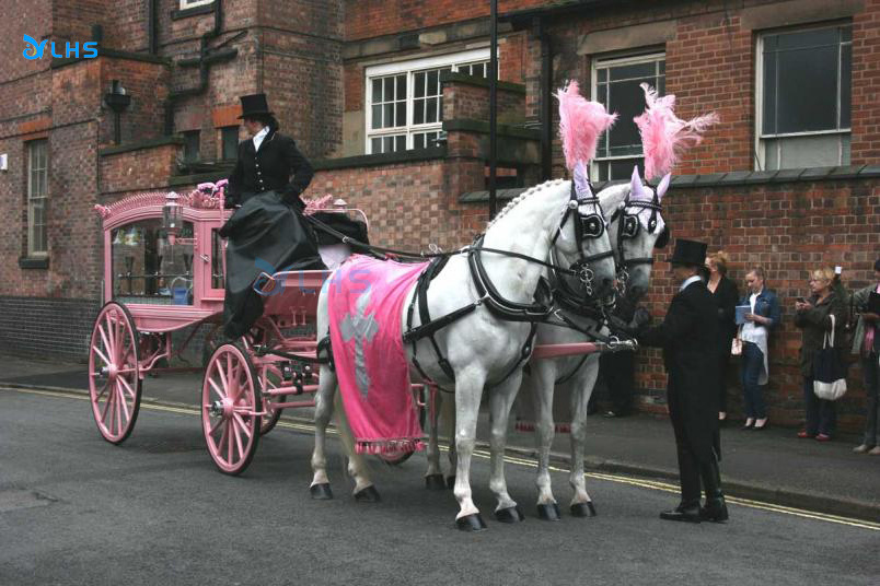 Four-wheel customized pink funeral horse carriage buggy classic coffin hearse carriage European style hearse for funeral