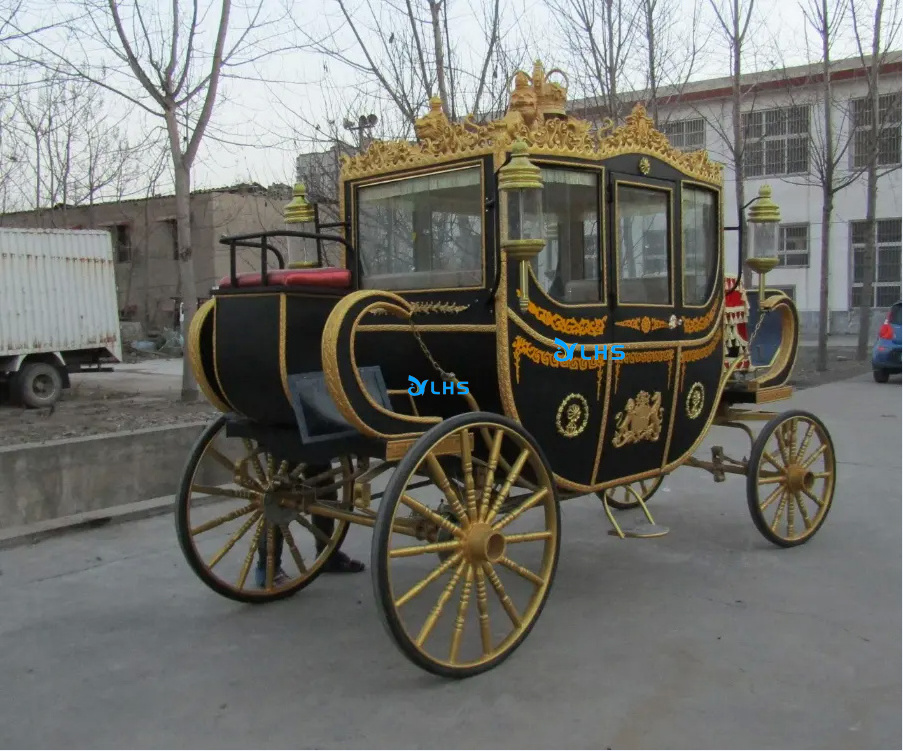 Black luxury royal horse carriage marathon retro wedding horse cart 4-wheel European electric royal carriage for rental