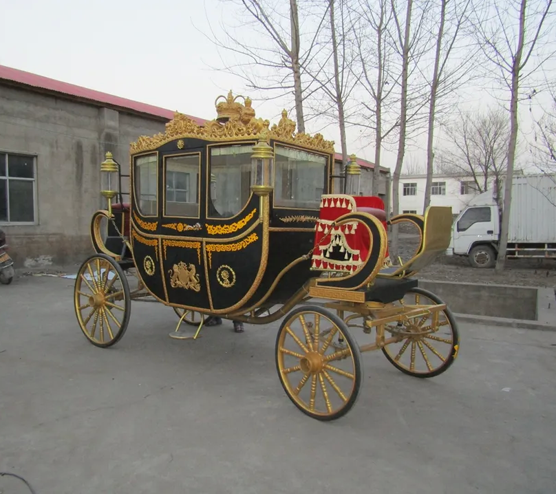 Black luxury royal horse carriage marathon retro wedding horse cart 4-wheel European electric royal carriage for rental