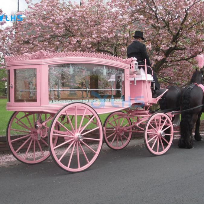 Four-wheel customized pink funeral horse carriage buggy classic coffin hearse carriage European style hearse for funeral