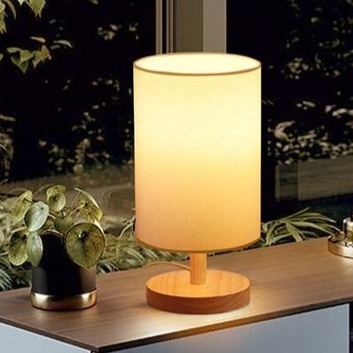 modern Ssimple  creative warm fabric shade desk light round solid wood mini led beside table lamp