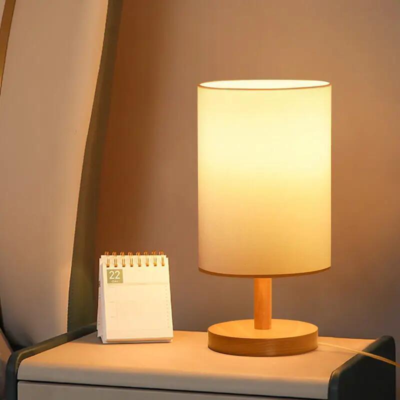 modern Ssimple  creative warm fabric shade desk light round solid wood mini led beside table lamp