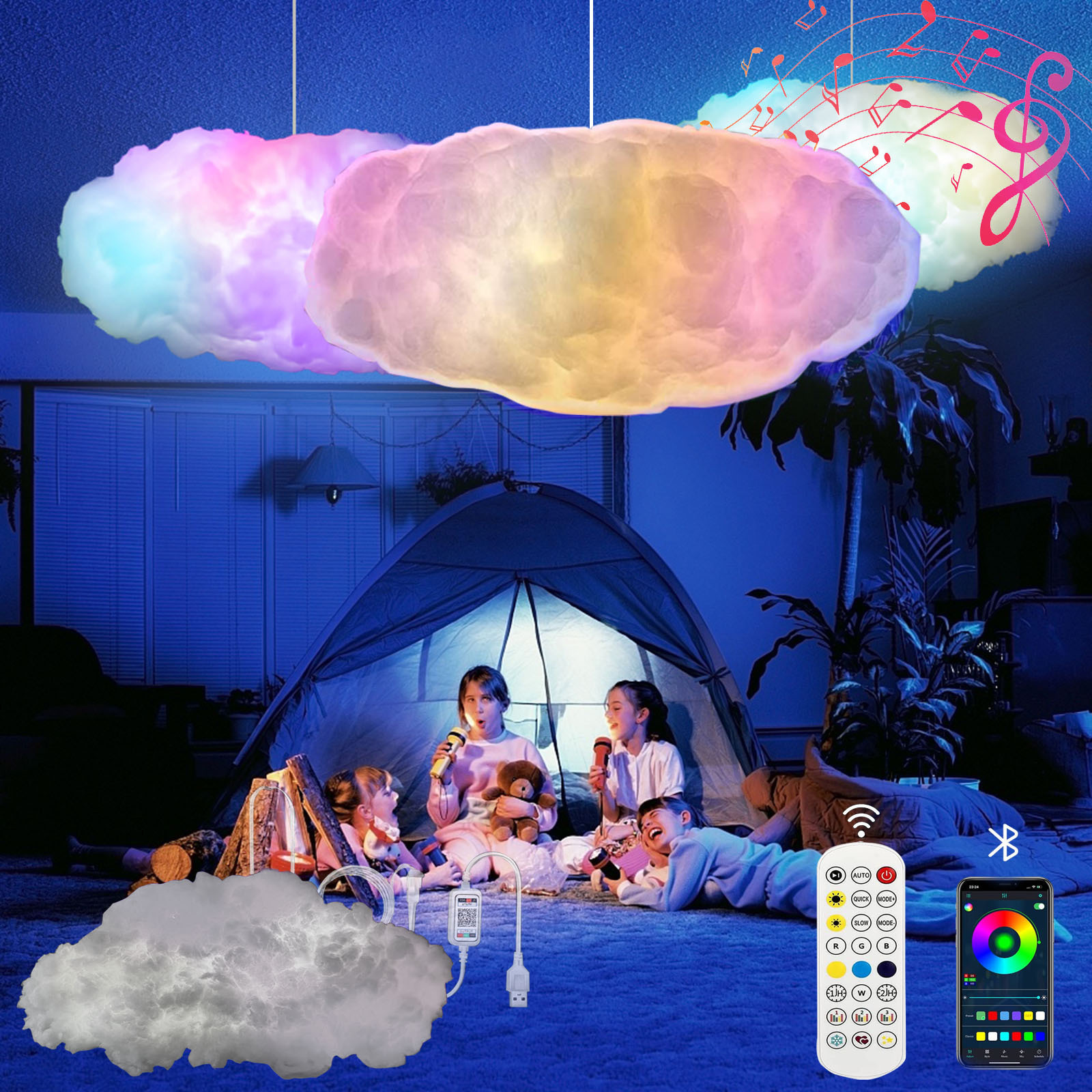 Hot Sale Party Game Room Smart APP Remote Control USB 3D RGB Led Cloud Pendant Ceiling Light