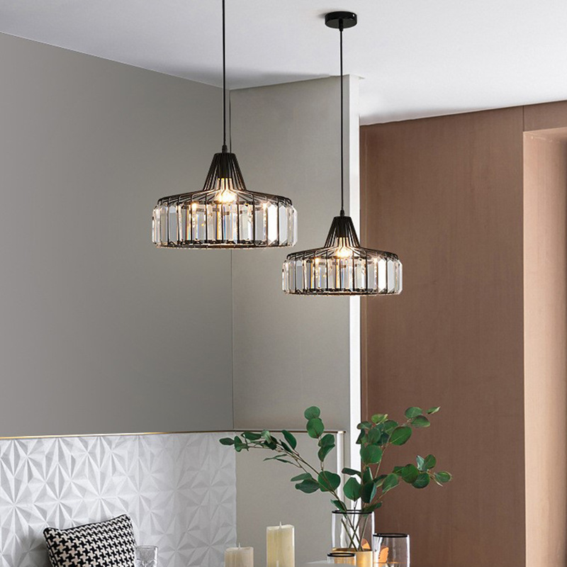 Modern E27 Gold Black Iron Crystal Circle Lamp Art Pendant Light Fixture For Kitchen Island