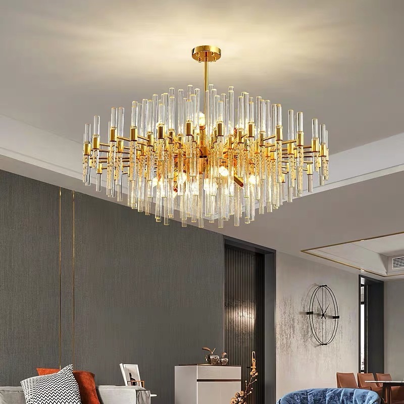 fashion luxury home decoration modern gold crystal led pendant light glass rod chandelier