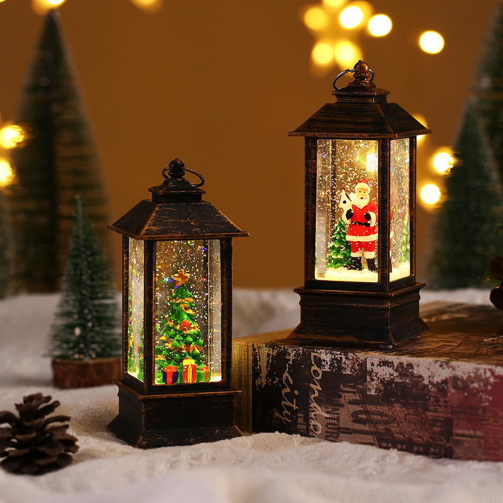 Hot Sale Metal Snow Globe Light Music Battery Operated Christmas Snowing Lamp Lantern For Gift