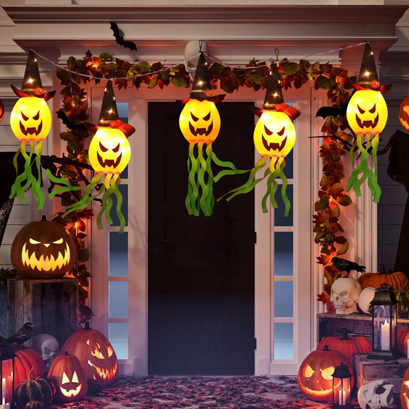 Hot Sale Outdoor Indoor Led Colorful Battery Powered Halloween Witch Hat Pumpkin Hanging Light