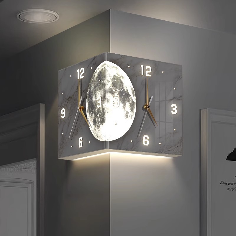 Wholesale Nordic Square Corner Double Sided  Wall Clock Home Decor Luxury With Light