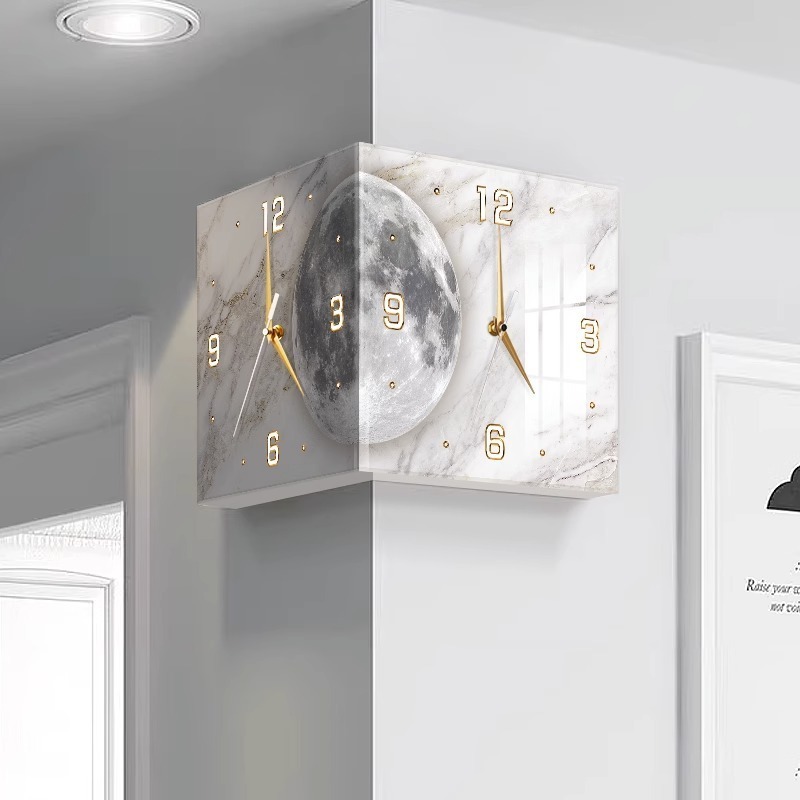 Wholesale Nordic Square Corner Double Sided  Wall Clock Home Decor Luxury With Light