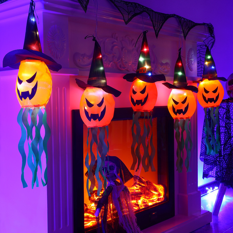 Hot Sale Outdoor Indoor Led Colorful Battery Powered Halloween Witch Hat Pumpkin Hanging Light