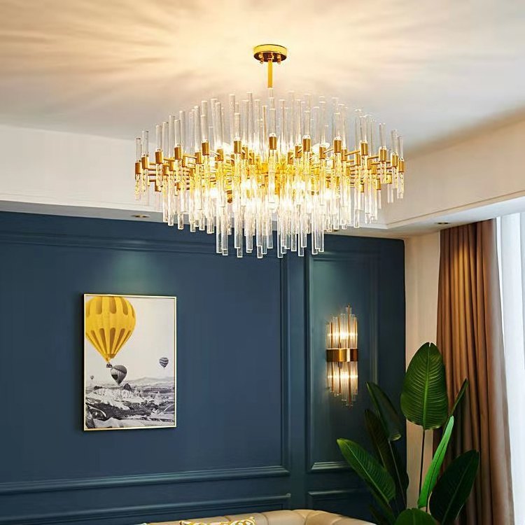 fashion luxury home decoration modern gold crystal led pendant light glass rod chandelier