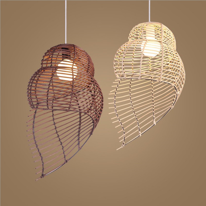 Popular Southeast Asia decorative hanging weaving snail shell art led bamboo pendant light conch rattan chandelier