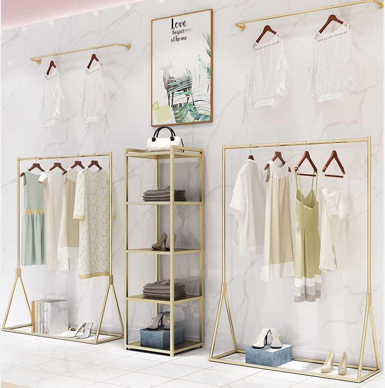 customized fashion metal shop fitting lady apparel retail store stand gold clothes display garment boutique clothing rack