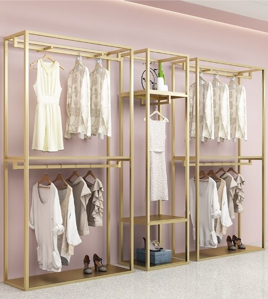 Modern gondola Z rolling luxury clothing wall shop display racks gold retail stands for boutique