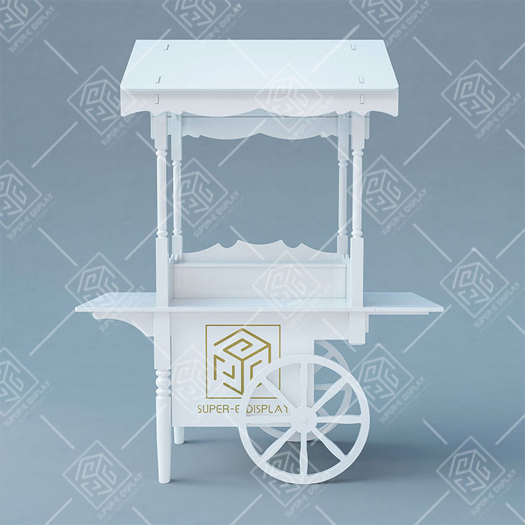 Hot Sale Wedding White Wood Sweet Decoration Dessert Display Candy Cart Flower Cart with Wheels