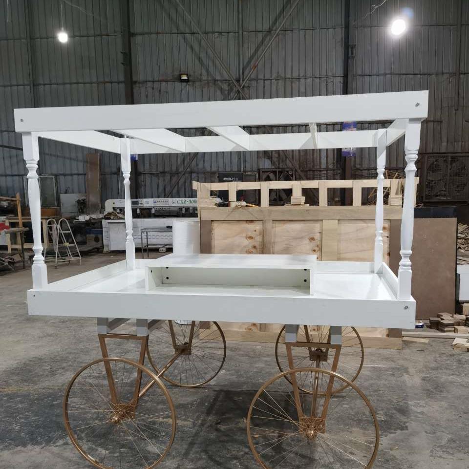 Factory Direct Wedding Candy Display Wooden Cart With Wheels For Children Party Event Decor White Cake Dessert Candy Flower Cart